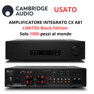 Impianto amplificazione composto da prodotti Cambride Audio pluripremiati. Come nuovi in garanzia . Acquistati direttamente da Cambridge Audio ad aprile 2023. 1. Ampli integrato Cambridge Audio CX A81. Serie limitata Black Edition NERO - 80 watt con Dac ESS Sabre Il Cambridge CX A81 è un amplificatore stereo in classe AB da 80 watt per canale e offre autorità e grande dettaglio, per rivelare ogni sfumatura musicale dallo streaming, ai supporti CD e Vinile. Premiato dalla rivista What Hi Fi come miglior amplificatore integrato della sua categoria, oltre agli ingressi analogici e digitali, integra la connettività wireless tramite il modulo Bluetooth aptX HD, che lo rendono un integrato di grandissima qualità ed estremamente versatile. Attenzione maniacale nei test nella versione limited BLACK di soli 1000 esemplari al mondo Amplificatore integrato acquistato in Aprile 2023 direttamente da Cambridge Audio per avere la Black Edition. Ancora 1 anno di garanzia ufficiale residua. Prodotto perfetto, pari al nuovo, con imballo e telecomando. 2. Ampli fono Cambridge Audio Alva Duo per testine MM ed MC (possono essere collegate in contemporanea alternandone il funzionamento senza spostare nessun cavo) con uscita cuffia. Amplificatore fono acquistato in Aprile 2023 direttamente da Cambridge Audio . Ancora 1 anno di garanzia ufficiale residua. Prodotto perfetto, pari al nuovo, con imballo e cavi.